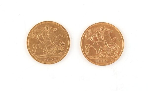 Property of a lady - gold coins - a 1912 George V gold full sovereign, London mint; together with a 1927 George V gold full sovereign, South Africa mint